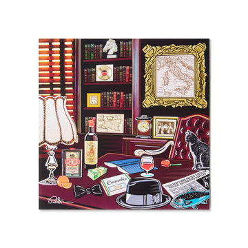 A desk print featuring elements from the Godfather movie, including a desk with books and a chair, with a film reel and movie-related decor.